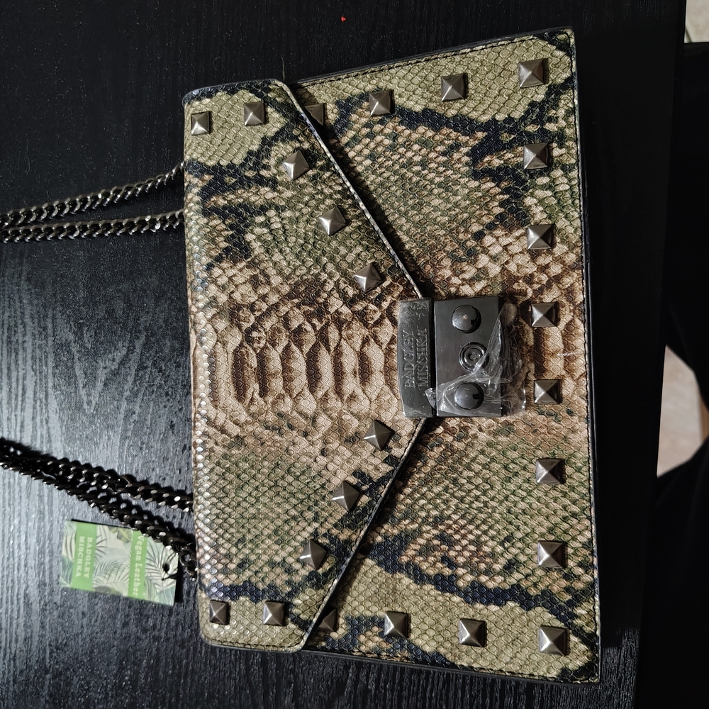 Badgley Mischka Olive Green and Tan Snake-Print Crossbody